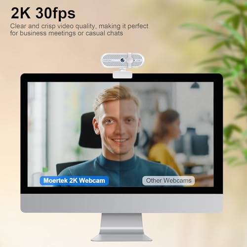 MOERTEK Webcam 2K para PC, webcam com microfone redutor de ruído, correção automática de luz, ângulo amplo de 90°, capa de privacidade embutida, suporta zoom, equipes, reuniões, Skype, perfeita para - Imagem 2