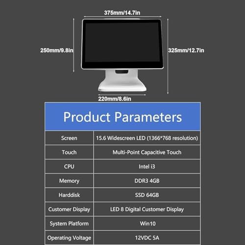 Image of Mobile Pos Cash Register,Pos System,Cash Register Machine with 15 inch Multi-Touch Monitor,N2840 CPU,4Gb Ram,64Gb Ssd,Windows 10 for Retail,Restaurant,Retail,Cafe,Club