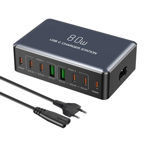 USB C Ladegerät 6 Port,total 80 Watt USB Netzteil Charger Adapter mit Mehrfach 20W USBC Ladeport Multi Ladestation Apple Schnellladegerät für iPhone 16 Pro Max,für Samsung Galaxy,für Pixel iPad usw