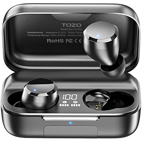 TOZO T12 Pro Wireless Earbuds Bluetooth Headphones with Qualcomm QCC3040 4 Mics CVC 8.0 Call Noise Cancelling and aptX Stereo Headset 2500mAh Wireless Charging Case IPX8 Waterproof Earphones Black Cover