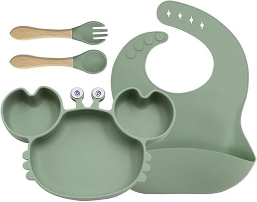 Les Petits Citrons Set Repas + Couvert En Forme De Crabe Pour Enfant, S'adapte À La Plupart Des Plateaux De Chaise Haute (Vert foncé)
