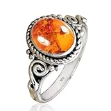 925 Sterling Silver Ring for Women, Men and Girls, 6x8MM Oval Gemstone Delicate Ring, Valentine Day Gift (US Ring size 7, Amber)