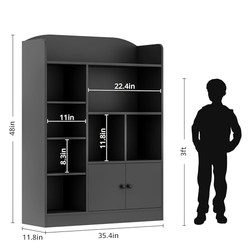 DIYART Black Kids Bookshelf, Kids Bookcase with 7 Cubbies and 2 Cabinets, Freestanding Book Storage Shelves for Bedroom, Playroom, Hallway, 35.4" W x 48" H
