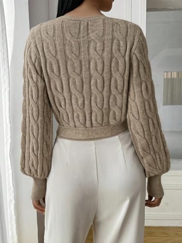 Image of ZAFUL Women's V Neck Sweater Lantern Long Sleeve Pullover Cable Knit Cross Crop Top Casual Tie Wrap Tunic Jumper Blouses