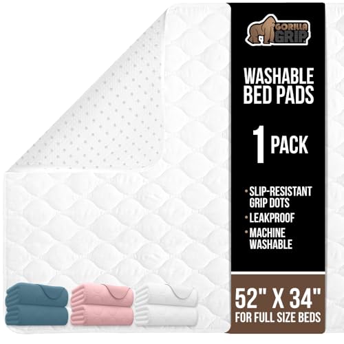 GORILLA GRIP Washable Underpads, Waterproof Reusable Heavy Absorbency Incontinence Bed Pads, Leak Proof Toddler Mattress Pad, 52×34 Slip Resistant Protector for Bedwetting, Adults and Kids, White