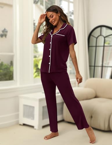 Image of HNG Women Pajamas Set 2 Piece Button Up Pajamas Pant and Short Sleeve Shirt for Woman Pj Sets with Pocket