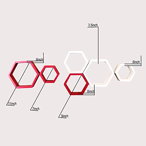 Image of BAS Engineered Wood Brown Art Shoppee Decorative Display With Hexagon Shape Set Of 6 Floating Wall Shelves And Racks For Living Room (Red & White)