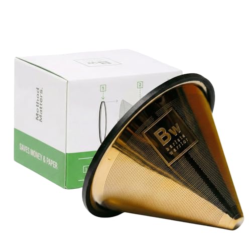Barista Warrior Compatible with Hario V60 Pour Over Coffee Filters - Reusable Stainless Steel - Best Coffee Maker and Bar Accessories (Gold Titanium Coated)