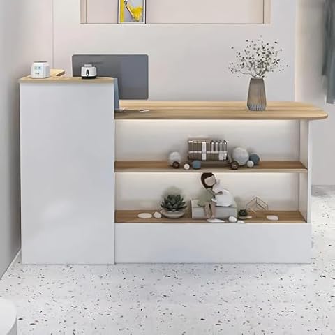 Nuipesn Modern Reception Desk Front Counter Desk with Transaction Counter & Storage Lockable Drawer Front Desk with Private Panels & LED Light for Office (White+Natural-Left,39.37" L*19.7" W*39.4" H) Cover