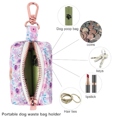 Image of ARING PET Floral Dog Poop Bag Holder, Cotton Puppy Purple Rose Waste Bag Dispenser Attach to Any Leashes, Portable Washable Pet Waste Pouch Holder with Two Rolls of Bags