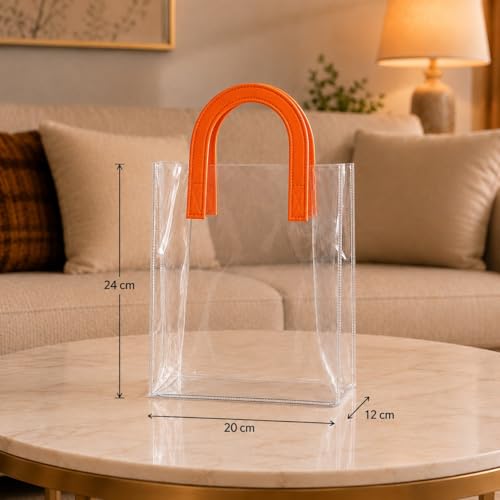 Image of SATYAM KRAFT 6 Pcs Transparent Reusable Leather Goodie Bags | Elegant Gift Bags for Her /Him Wedding Return Favors, Engagement Hampers, Marriage, Birthday & Festival Gifting | Handle Hamper Shopping Carry Bags (U-shaped Orange - Medium)