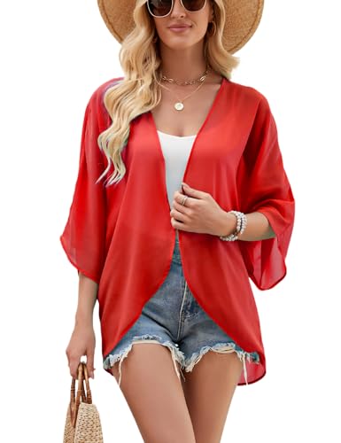 Chunoy Women Chiffon Kimono Cardigan Short Sleeve Open Front Tops Beach Wear Cover Up