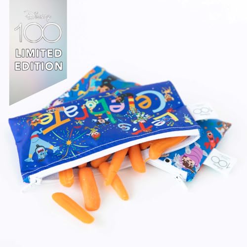 Bumkins Disney Reusable Sandwich and Snack Bags, for Kids School Lunch and for Adults Portion, Washable Fabric, Waterproof Cloth Zip Bag, Travel Pouch, Food-Safe Storage, 3-pack, 100 Years Celebration