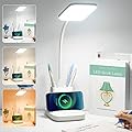 GOLSPARK Desk Lamp with Wireless Charger, LED Desk Lamps for Home Office Eye-Caring CRI 85+, 3 Color Modes, Stepless Dimming Touch Table Lamp, Study Small White Lamp with Pen Holder for College Dorm