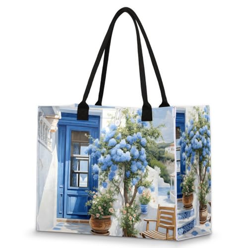 Seaside Blue Flowers Tote Bag for Women Large Beach Bag Reusable Tote Bags for Work Travel Beach Shopping