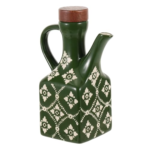 MegoSage 8.5 oz Ceramic Olive Oil Dispenser Bottle Decorative Olive Oil Dispenser Bottle with Handle & Wooden Stopper Relief Opaque Ceramic Oil Cruet for Kitchen Cooking Oil Vinegar (Green)