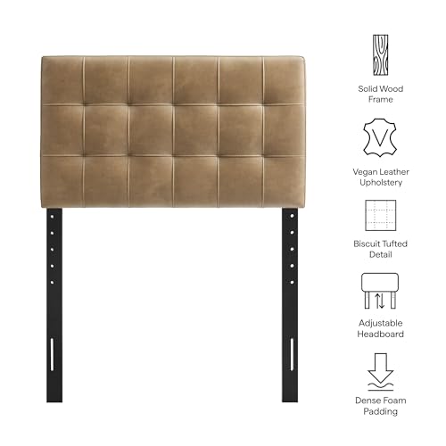 Image of Modway Lily Faux Leather Twin Size Headboard with Biscuit Tufting in Toast - Vegan Leather Upholstery with Padded Design and 5 Height-Adjustable Mounts