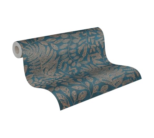 A.S. Création THE BoS Vliestapete mit floralem Muster 0,53 x 10,05 m – Blau, Gold, Türkis – Tapete mit Blättermotiv Made in Germany – 388304