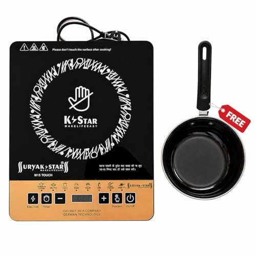 Image of Surya K Star 2000W Induction Cooktop with Sauce Pan Electric Induction Stove for Kitchen | Portable Single Burner Cooktop with Preset Menu, Timer & Temperature Control | Tawa Included