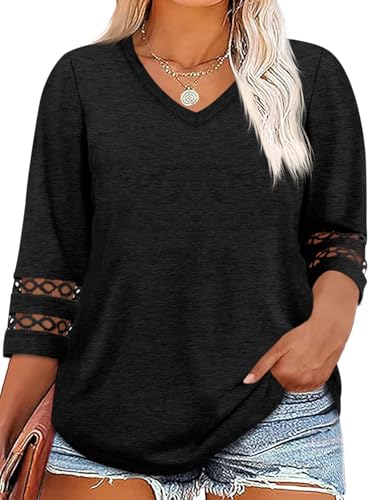 Beautife Womens Plus Size 3/4 Sleeve Tops V Neck Loose Fit Tee Shirts Dressy Casual Eyelet Lace Tunic Blouse