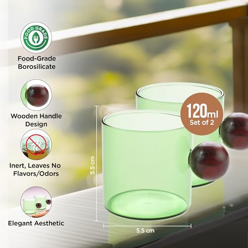 Image of UMAI Borosilicate Glass Coffee Mug with Wooden Handle | Tea Cups Set of 2 (120ml Each) | High Heat Resistance | Microwave and Dishwasher Safe | Ideal Gifts for Friends /Family /Couples (Green)