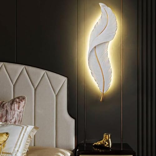 Image of Groeien 12W | 3 Color Modern LED White Feather Wall Sconce Gold Wall Light for Bedroom Living Room Corridor Lighting Fixtures Wall Mount(Warm+Natural+Coolwhite)(Feather-White, 1)