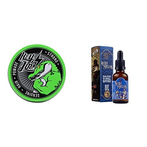HEY JOE - Genuine Hair Pomade STRONG 100 ml | Pomada para el cabello FUERTE 100 ml & Beard Oil Nº3 ACID MELON 30ml | Aceite para barba30ml con ARGÁN, JOJOBA y MACADAMIA. Aroma a MELÓN