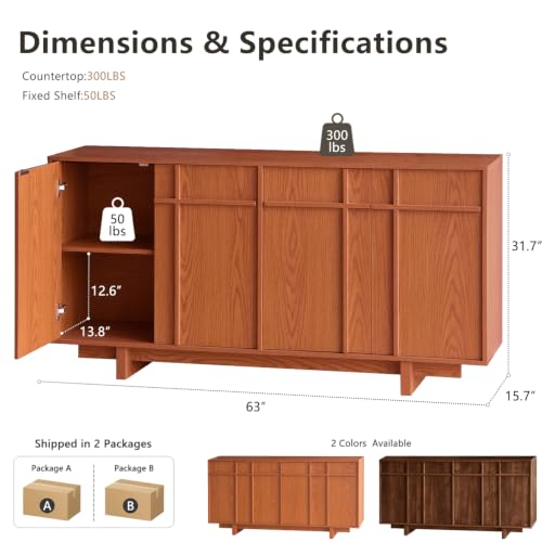Image of Sideboard Buffet Cabinet with Storage, Mid Century Modern Accent Cabinet with Skeleton Line & Wood Grain Texture, 63 inch Minimalist Credenza for Living Room Kitchen Dining Room Entryway, Cherry