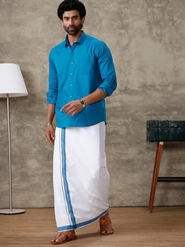Image of RAMRAJ COTTON Men Full Sleeve Solid Shirt With Matching Border Dhoti|Ideal For Weddings And Occasion