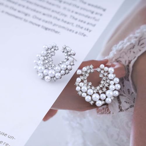 Boho Pearl Cluster Earrings Silver Cz Pearl Drop Earrings Exaggerated Rhinestone Hoop Earrings Pearl Dangle Statement Earrings Large Round Hollow Crystal Earrings Jewelry for Women3