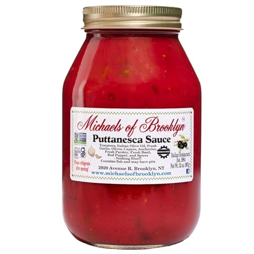 Image of Michael's of Brooklyn Puttanesca Sauce, 32 oz (Pack of 1) - Italian Pasta Sauce, Imported Tomatoes, Olive Oil, Olives, Capers, Anchovies, Fresh Garlic & Basil - Gluten Free, Non-GMO, No Added Sugar