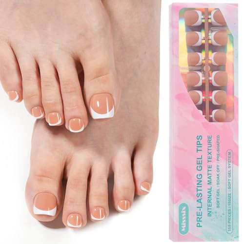 Misssix Press On Toe nails Short, 150Pcs Brown French Toe Nail Tips, Square Soft Gel Fake Toe Nail Tips Extensions for Women Nail Art DIY 15 Sizes