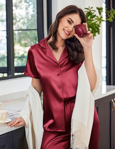 Image of Ekouaer Womens Satin Pajamas Silk Capri Pjs 2 Piece Lounge Sets Short Sleeve Button Down Sleepwear