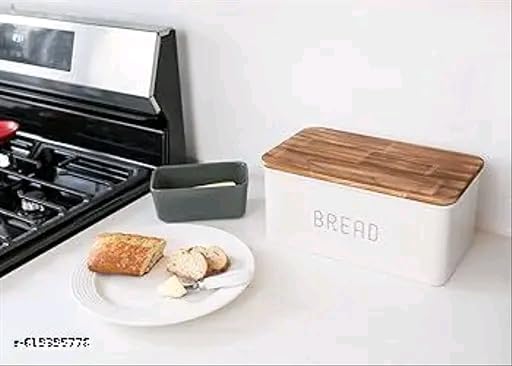 Image of Metal Bread Box Set | Airtight Bread Storange Box For Kitchen Bread Dispenser Food Grade Storage Box with Wooden Lid - 4 litre