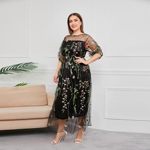 1/2 Sleeve Floral Embroidery Dress for Women Plus Size Embroidered Tulle Dress Mesh Wedding Guest Cocktail Party Long Dress3