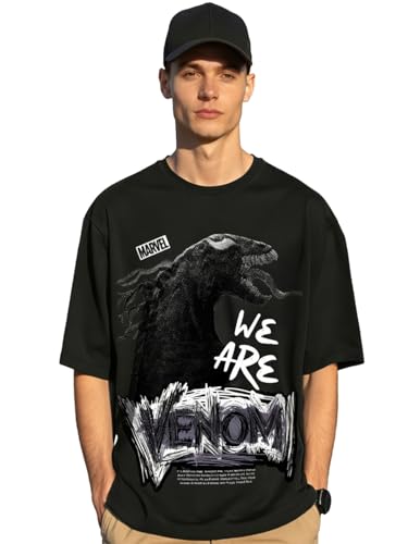 Image of Bewakoof X Marvel Venom Men's 100% Cotton Graphic Print Oversized Fit Half Sleeve Round Neck T-Shirt | Casual Wear | Street Wear | Oversized t Shirt for Men Cotton | Baggy