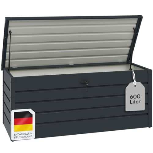 STEELSØN Dorado Gartenbox aus verzinktem Metall 600 Liter – Outdoor Box wasserdicht Anthrazit – Auflagenbox abschließbar mit klappbarem Deckel –...