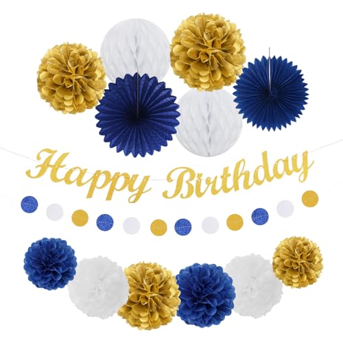 Image of Navy-Blue Gold Birthday Party-Decorations Paper-Flowers - 14pcs Happy Banner Royal Lanterns Tissue Pom Poms,Men Streamers Garland Fans Honeycomb,Teen Boys Male Kids Hanging Supplies Decor Hugfond