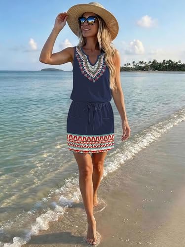 Image of SAUKOLE Womens Sleeveless T Shirt Dresses Casual Cute Floral Print Short Dress Summer Fashion Front Pockets