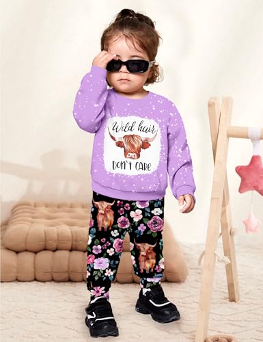 Image of Toddler Girl Clothes Fall Winter Outfits Wild Hair Don't Care Highland Cow Sweatshirt Pants Western Cowgirl Outfit