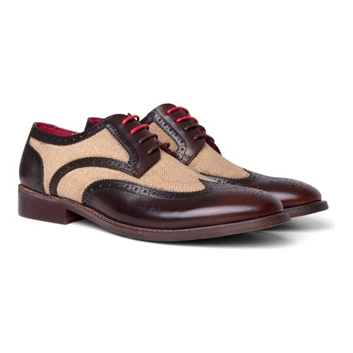 Men's Brown Leather Canvas Detailing Brogue Shoes - Cole3