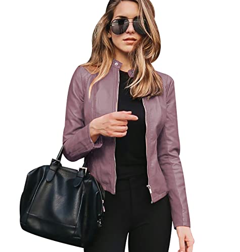 Veste Simili Cuir Femme Blouson Simili Cuir Faux Leather Jacket Femme Veste Biker Blouson Motard Femme Veste Cintrée Imitation Cuir Femme Col Montant PU Grande Taille Blousons Moto Femme Violet L