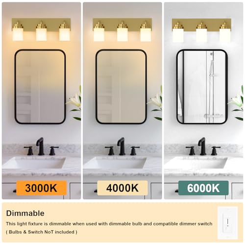 Image of IZORRO Bathroom Vanity Light Fixture, 3-Light 22 Inch Gold Bathroom Light Fixtures Over Mirror, with White Glass Shade, Modern Farmhouse Vanity Lights, Rustic Restroom Lighting Fixtures