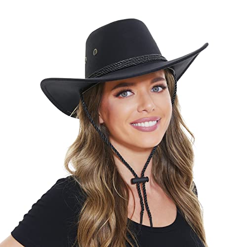 Rainflowwer Black Cowboy Hat Men For Women, Faux Felt Cowgirl Hat, Western Hat, Panama Hat, Outdoor Wide Brim Hat With Strap #TOP19