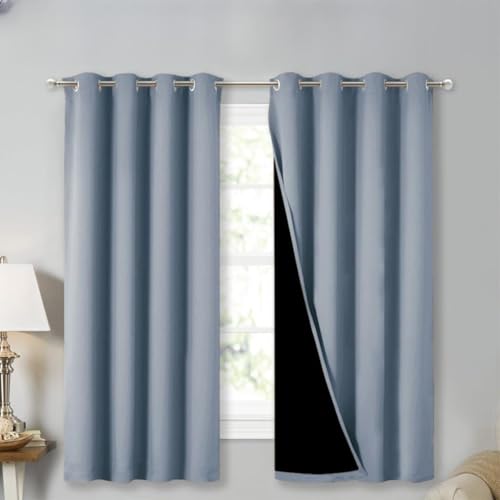 Image of NICETOWN 100% Blackout Curtains with Black Liners, Vintage Blue, 2 Panels, 52-inch W by 63-inch L, Thermal Insulated Full Blackout 2-Layer Lined Drapes, Energy Efficiency Window Draperies for Bedroom