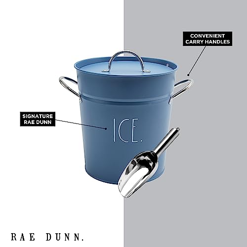 Rae Dunn Ice Bucket with Scoop - Stainless Steel Bucket with Handle, Lid and Ice Scooper - 4 Qt. Storage Bin for Ice Cubes for Bars, Parties, Backyard Barbeques, Picnics, and Camping (Blue)