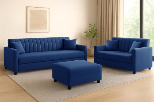 Image of 3+2 Fabric Sofa Set with Ottoman for Living Room | Modern 5-Seater Sofa Couch | with Soft Cushion, Premium Velvet Fabric-Blue