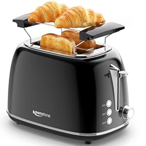 Keenstone Retro 2 Slice Toaster with Wide Slots, 6 Browning Levels, Bagel & Defrost Functions, Stainless Steel Compact Toaster with Removable Crumb Tray for Even Toast, Black