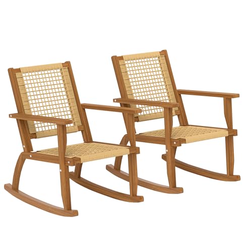 Outsunny Outdoor Rocking Chair Set of 2, Acacia Wood Outdoor Rockers with Armrests, Rattan Wicker Back and Seat, Patio Wooden Rocking Chair Set for Garden, Balcony, Porch, Khaki