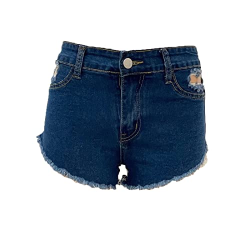 JEKE-DG Womens High Waisted Jean Shorts Frayed Raw Hem Denim Shorts Distressed Casual Summer Stretchy Shorts Jean (Large,Dark Blue)